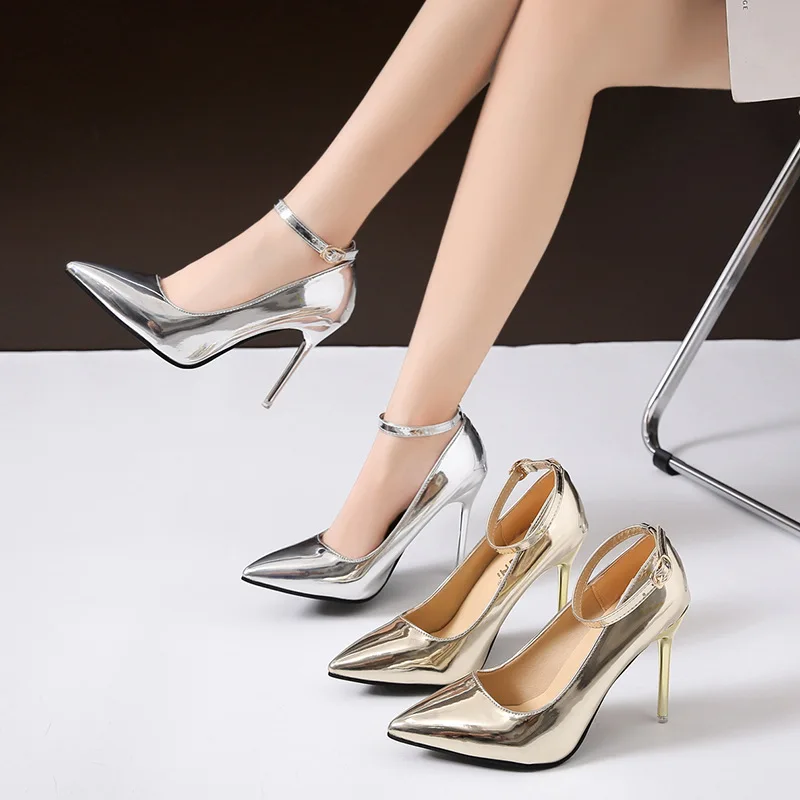 2024 Spring/summer New Silver Girly Buckle French High Heels with Everything Sexy Pointy Party Gold Single Shoes