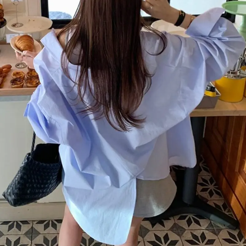 

Faionable Loose Women's irt Single Button Ba Slit Design Cotton Long Sve Casual Sle French Sle ex Spring Summer