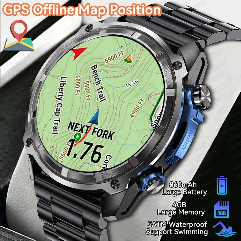 

2025 New 4GB Memory Swimming Smartwatches Built-in GPS Offline Map 5ATM Waterproof 860mAh Battery Men Military Smart Bracelets