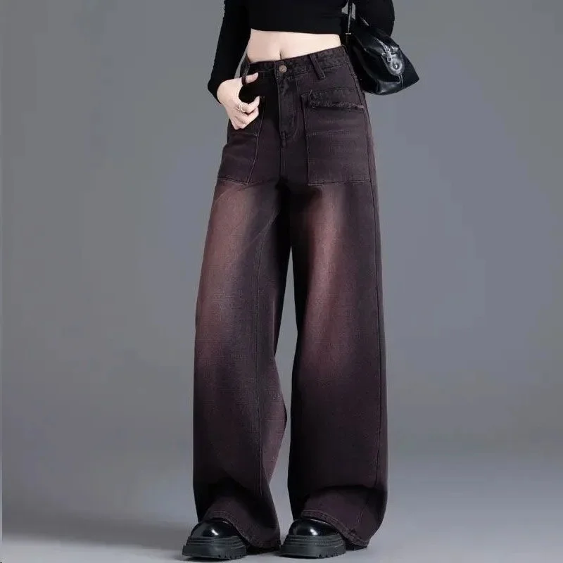 Femme Fashion Pocket Burr Loose Jeans Pant Korean Ladies High Waist Denim Pantalons Autumn Winter Women Wide Leg Cowboy Trousers