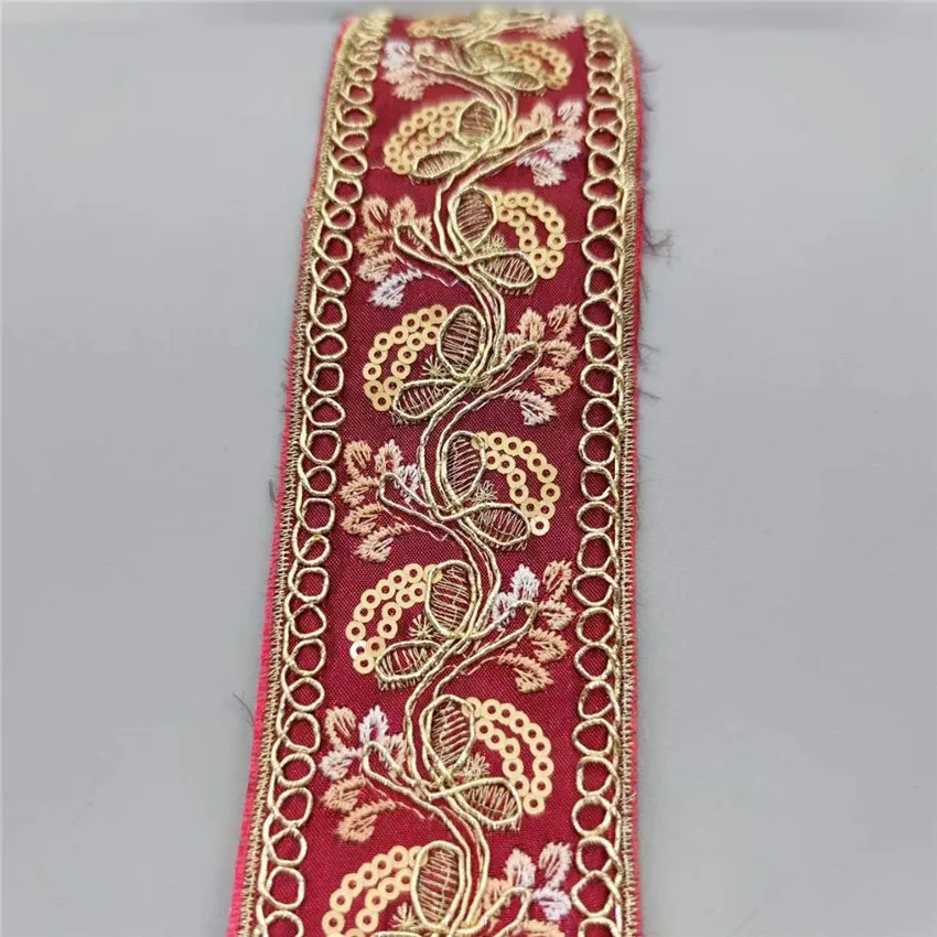 5.5cm Gold Thread Embroidered Gold Squins Lace Red Base Fabric Sewing lace triming