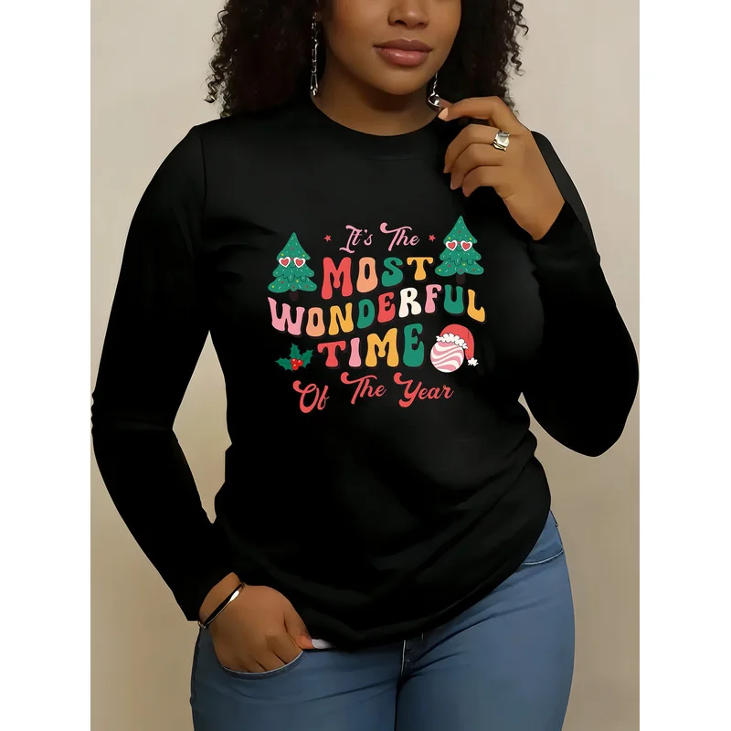 Women'S Autumn Winter Long Sleeve T-Shirt, Christmas Print Design, Loose Fit with Shaping Effect, Suitable for Daily Commute