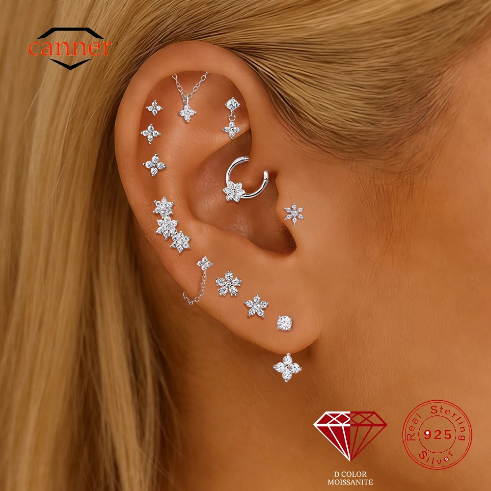 

CANNER 1PC Moissanite Flower Four-leaf Clover Puncture Ear Stud For Women 925 Sterling Silver INS Classic Piercing Stud Earring