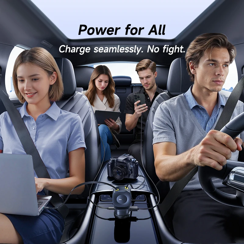 Baseus 240 واط شاحن سيارة 4 منافذ المدمج في كابل قابل للسحب شحن سريع USB نوع-C شاحن هاتف السيارة لسامسونج آيفون Xiaomi