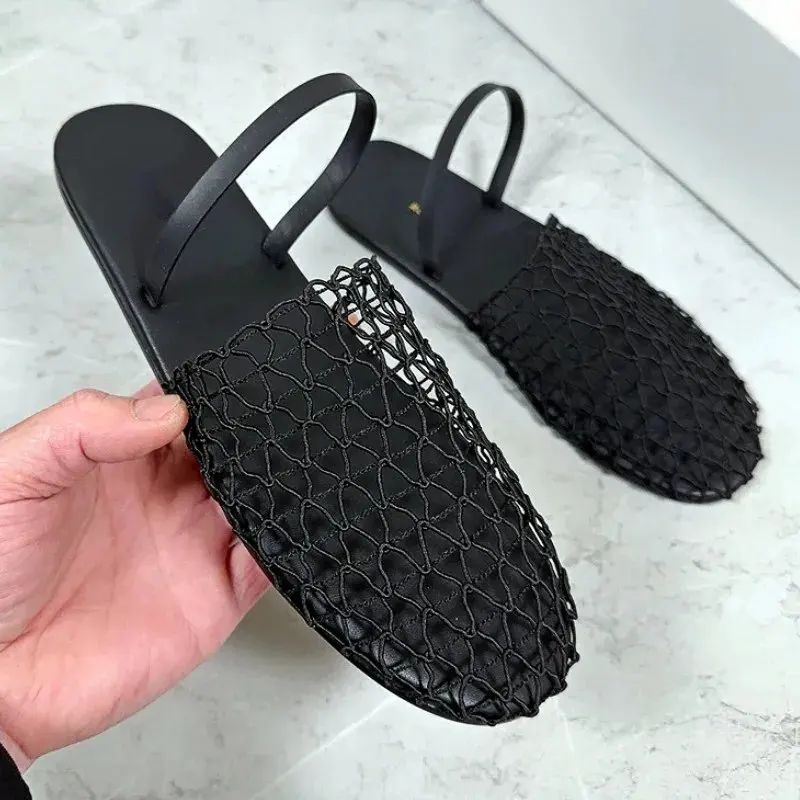 2024 Trending Black Mesh Flat Sandals Luxury Designer Weaving Dress Statement Female Hollow Breathable Slippers Low-top Shoes