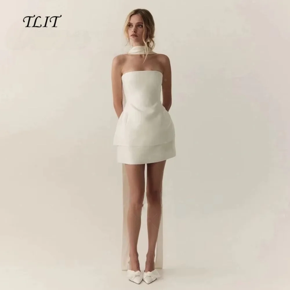 TLIT Customized 2026 A Line Strapless Short Wedding Dresses With Scarf Sleeveless Party Dress Women Occasion Homecoming Gown
