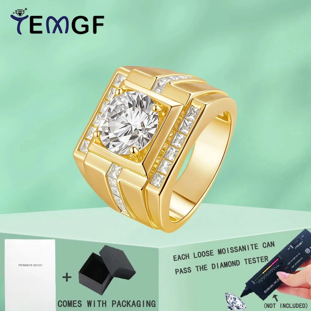 

TEMGF Classic 4CT Moissanite Ring for Men 925 Sterling Silver Gold Plated Wide Ring Fashion Luxury Sparkle Fine Jewelry With GRA