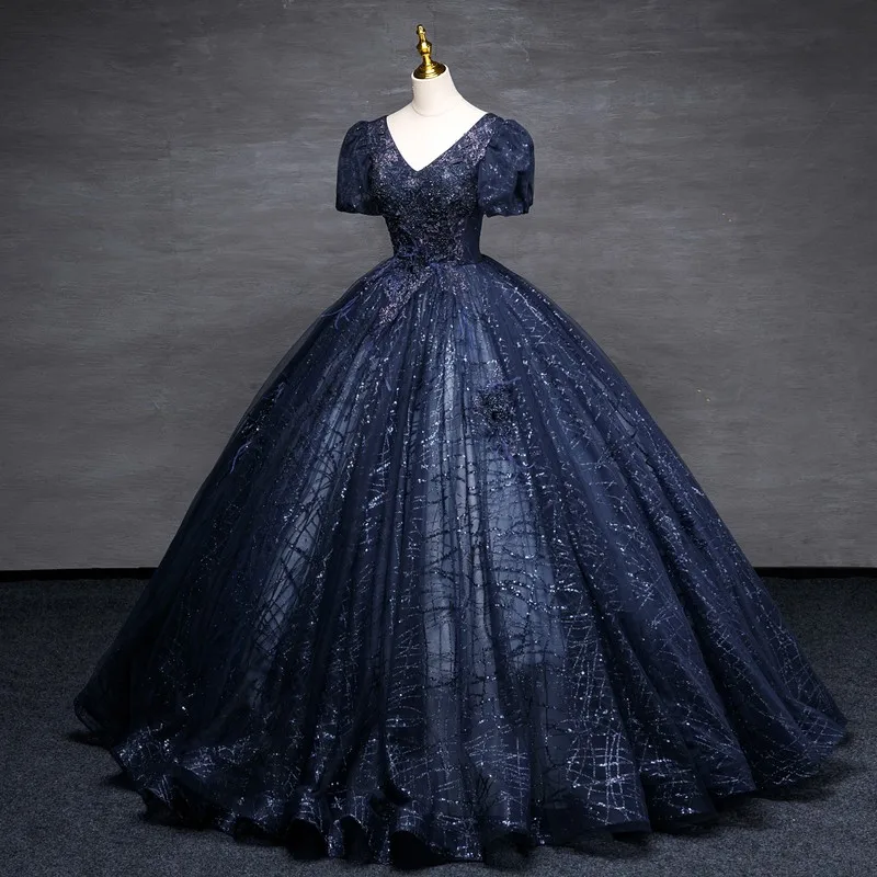 Navy Blue Vintage Quinceanera Dresses Luxury V-neck Ball Gown Real Photo Sweet Puff Sleeve Party Dress Customize Prom Gown