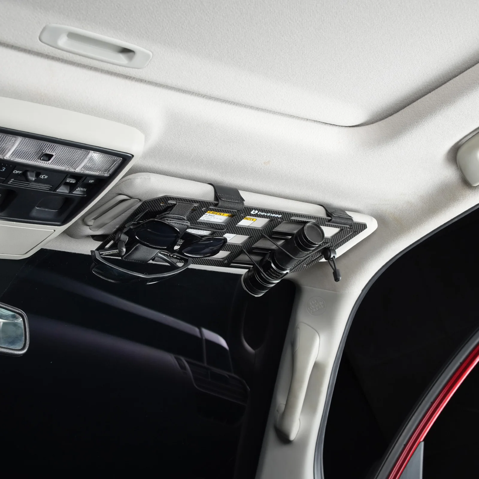 BEVINSEE für alle Toyota 4Runner Auto-Sonnenblenden-Organizer aus Kohlefaser, Ersatz für 74320-35A91-B1/74310-35B01-B1 – Detail 5