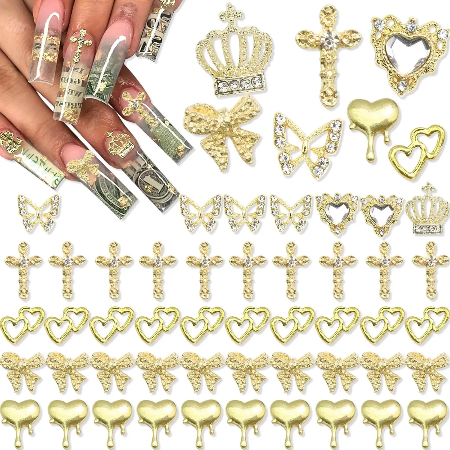 

80PCS Gold Nail Charms Crystal Gold Heart Nail Charm Shiny Crown Nail Charms Sparkly Butterfly Charms Alloy Gold Nail Crosses