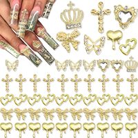 80PCS Gold Nail Charms Crystal Gold Heart Nail Charm Shiny Crown Nail Charms Sparkly Butterfly Charms Alloy Gold Nail Crosses