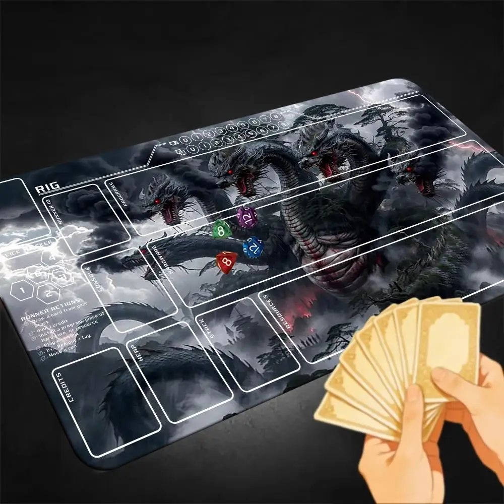 Multi Headed Hydra Dragon TCG Playmat With Printed Zones, Anti-Slip Rubber Card Game Mat For Trading Card Games, 24x14 Inch