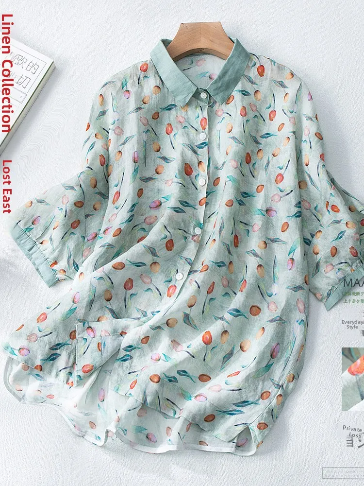 

Ladies Cotton Linen ort Sve irt Floral Print Loose Lightweight Vintage Sle Collar Button up Summer Top
