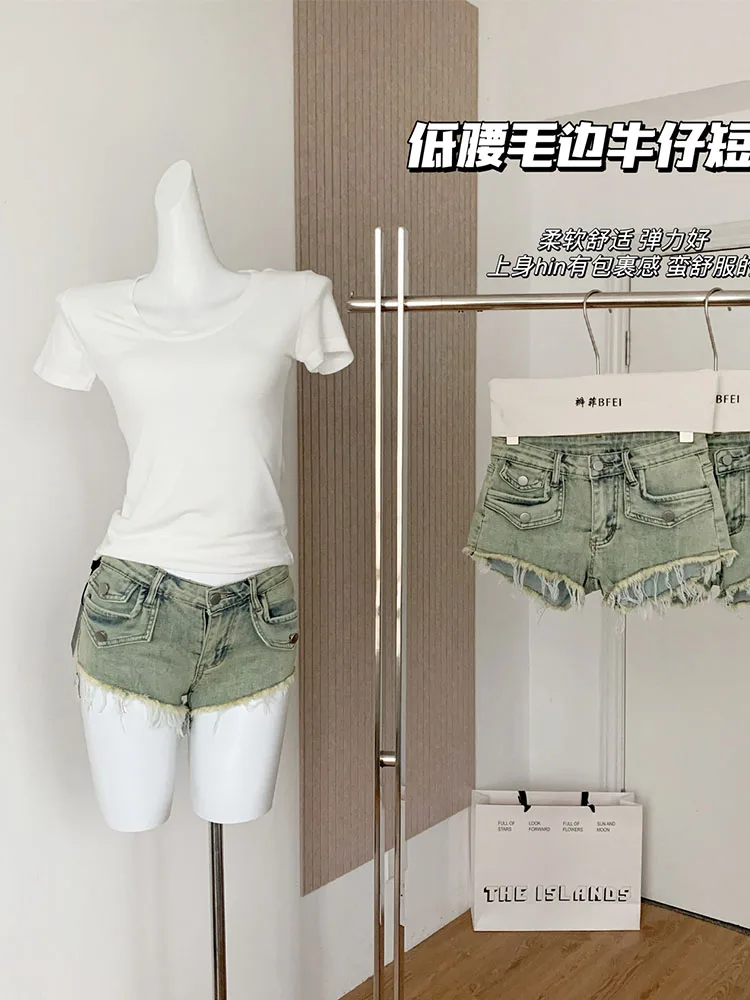 Y2k Fashion Raw Edge Sexy Denim Shorts Women Summer 2024 Korean Tide Casual Jean Shorts Slim Low Waist Hot Pants Coquette Trend