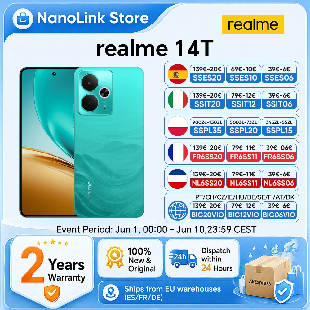 Smartphone realme 14T 5G version européenne, MediaTek Dimensity 6300, écran AMOLED 6,67 pouces 120 Hz, batterie 6000 mAh, charge rapide 45 W