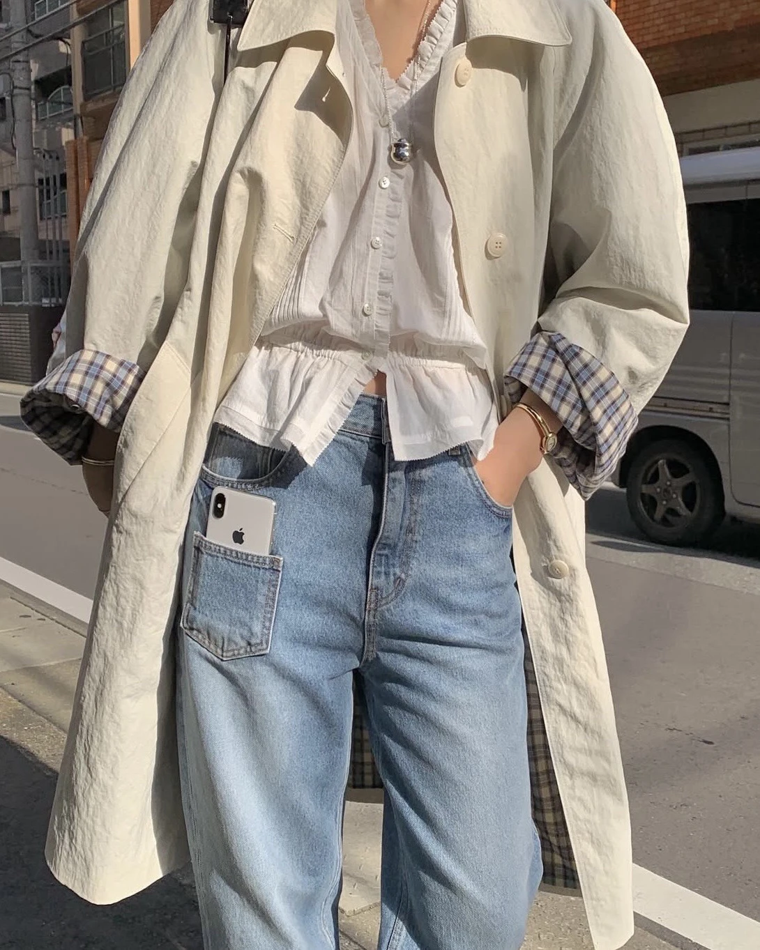 

Ветровка PREON Commuter Casual в клетку с внутренним клапаном, весенняя новинка, женское свободное пальто с длинным рукавом и воротником-стойкой