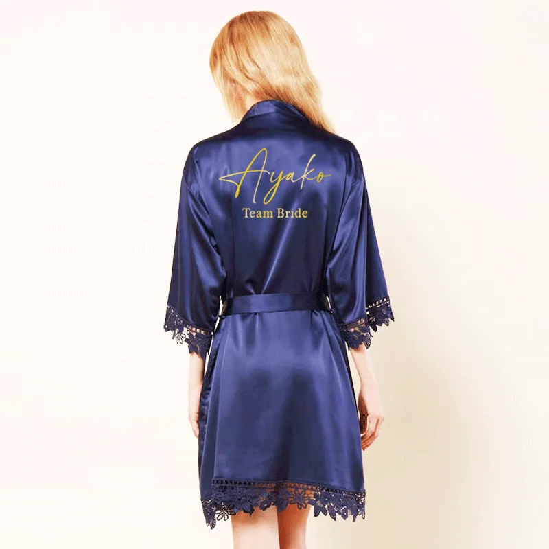 Lace Trim Navy Blue Robes Dressing Gowns Satin Silk Personalisation of BRIDESMAID Kimono MOTHER OF THE BRIDE Robe MAID OF HONOUR