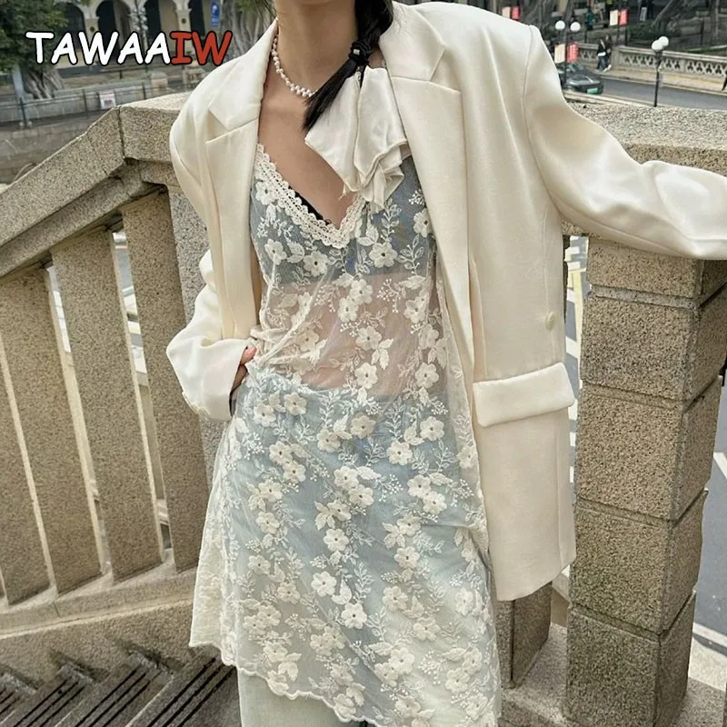 Tawaaiw Streetwear Hollow Out Lace Dress Women Sleeveless Korean Fashion Autumn Spring Party Dresses See Through Clothing Y2k