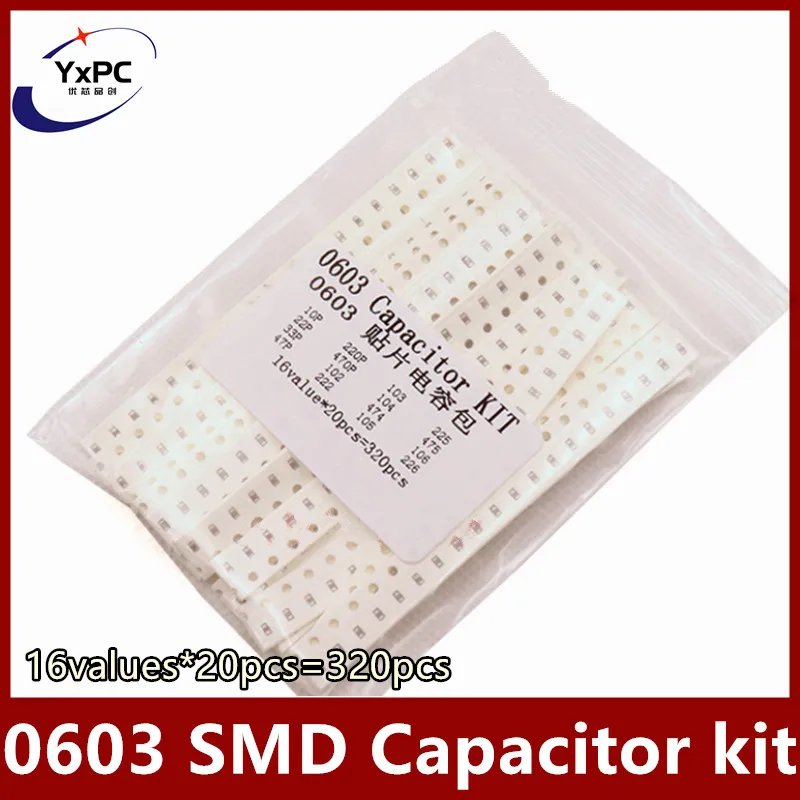 

16 values*20pcs=320pcs 0603 SMD Capacitor assorted kit 10PF-22UF Samples kit 10P 33P 47P 220K 470K 104M 474M