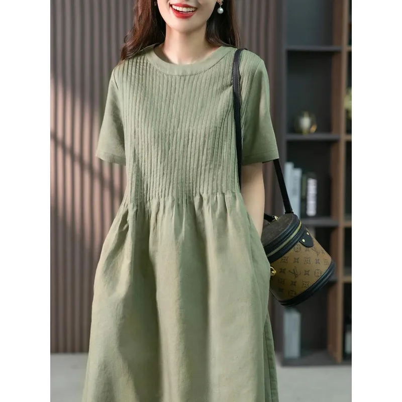 Robe mi-longue en coton et lin pour femme, nouvelle collection printemps-été 2025, style coréen