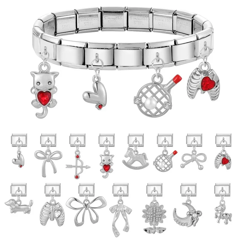 New Original Pearl Table Tennis Red Zircon Bow Italian Charm Stainless Steel Link Fit 9mm Modular Bracelet DIY Jewelry Wholesale