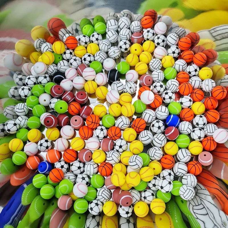 25pcs 15mm Silicone Baseball Beads BPA Free Infant Teething Chewable Necklace Pacifier Toys DIY Jewelry Making Accessories