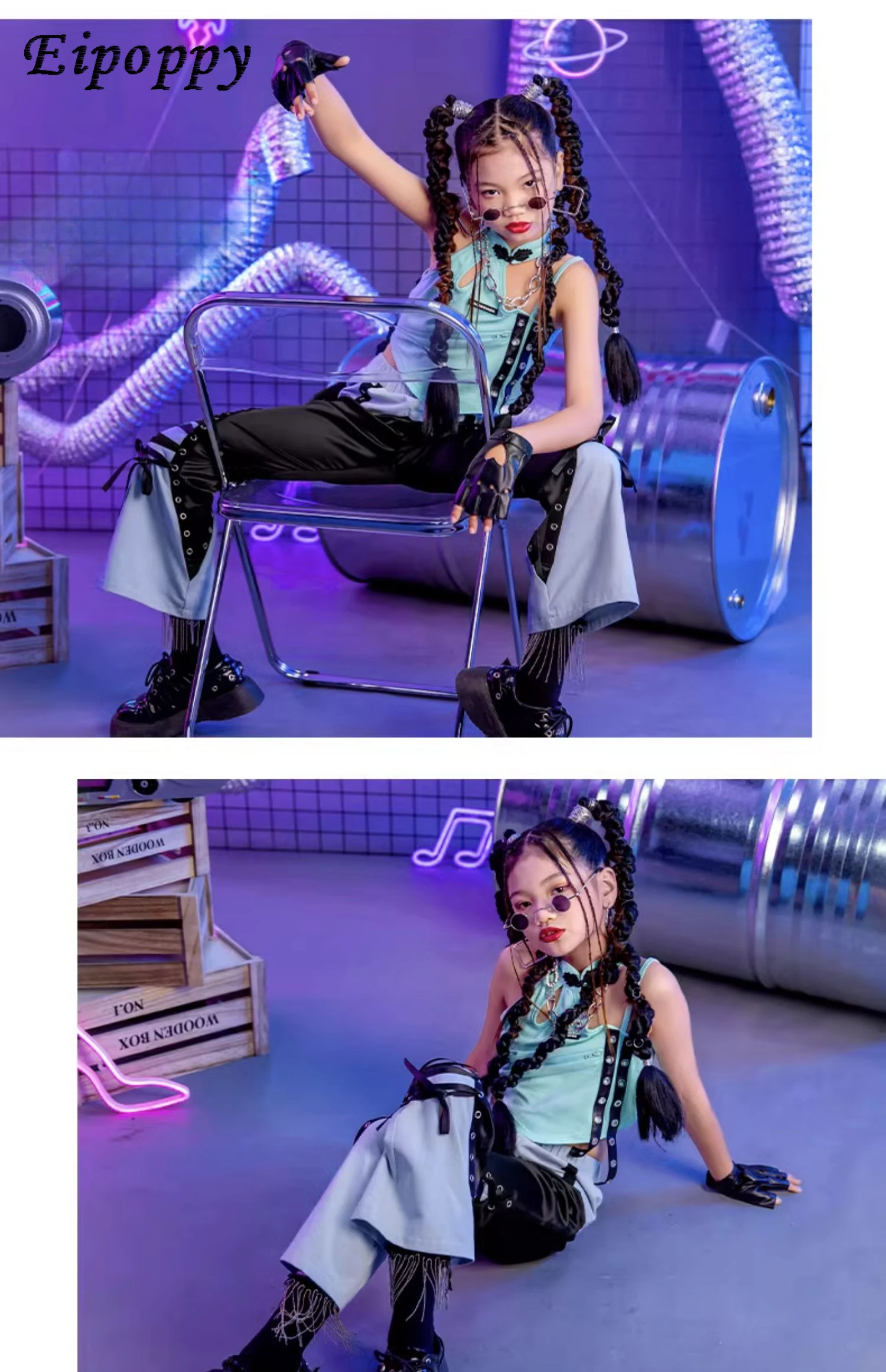 เครื่องแต่งกายแนวแจ๊สสำหรับเด็กเสื้อผ้าแฟชั่นสุดเท่ทันสมัยสำหรับเด็กผู้หญิงชุดเสื้อฮิปฮอปกางเกง