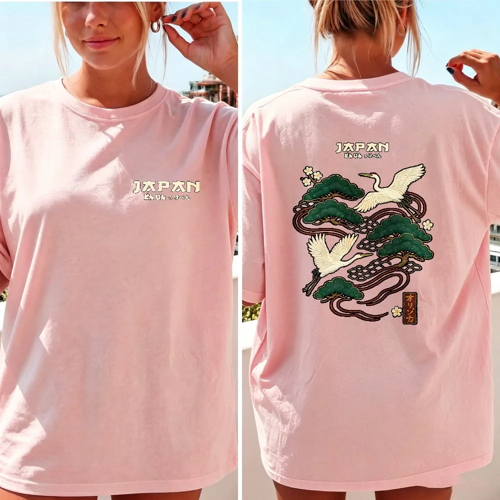Women Japan Red Crowned Crane Pine Tree Ukiyo-e Print T Shirt Japanese Art Flying Cranes Tee Loose Cotton Oriental Aesthetic Top