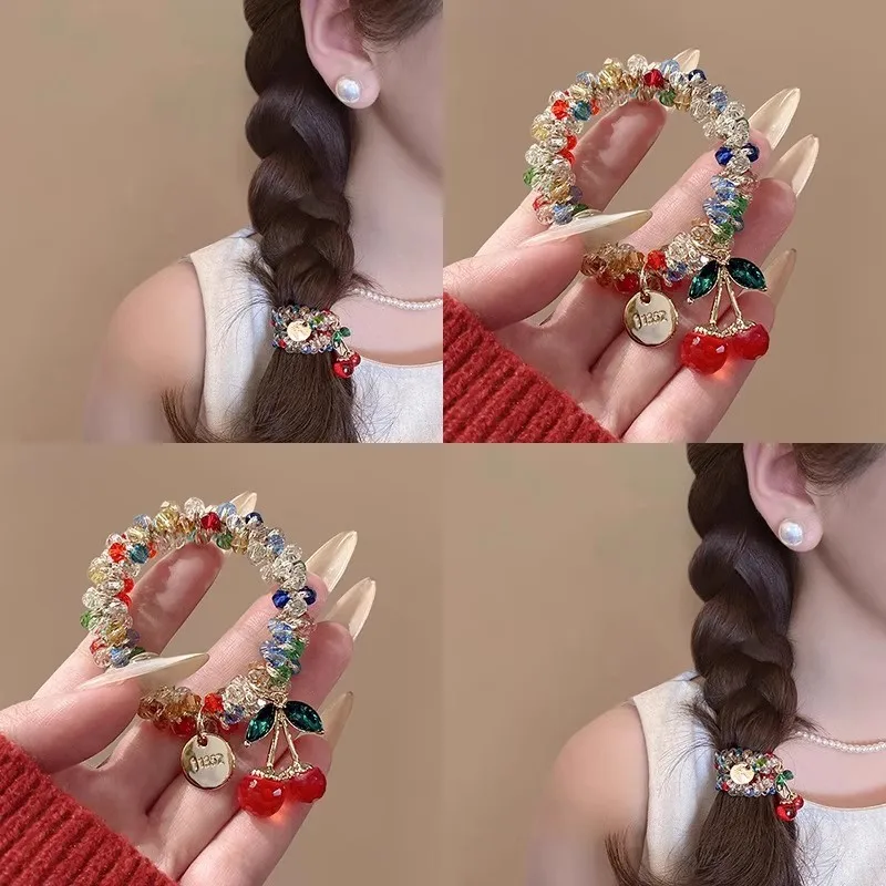 Women's Dual-use Hair Tie with Colorful Crystal Cherry Pendant, Can Be Used as Bracelet, Friendship Hair Rope Elastic Band for Ponytail, Hair Accessory