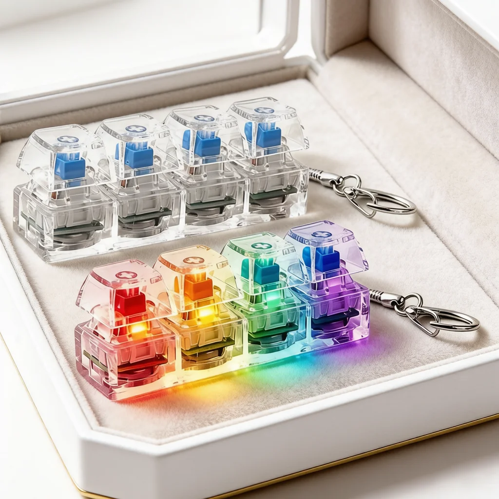 4 Keys Finger Keyboard Light Up Keychain Stress Relief Fidget Toy LED Crystal Clicker Keyring Pendant Gadget for Adults Kids