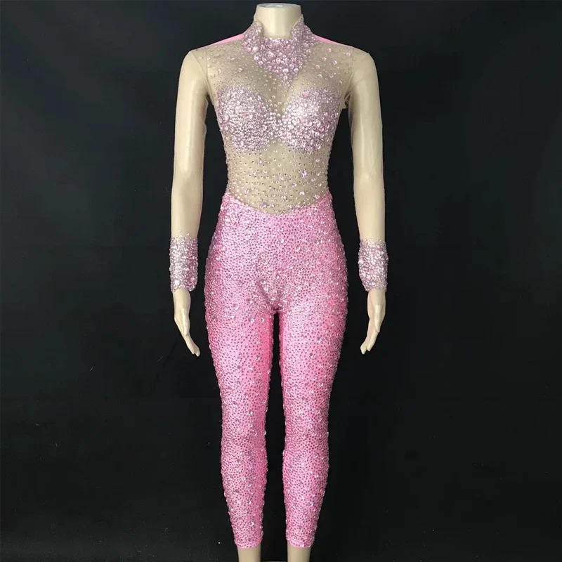Combinaison luxueuse à strass, maille Sexy, justaucorps en cristal pour femmes, barboteuse de bal de soirée, tenue Rave, Costumes Drag Queen, XS5667