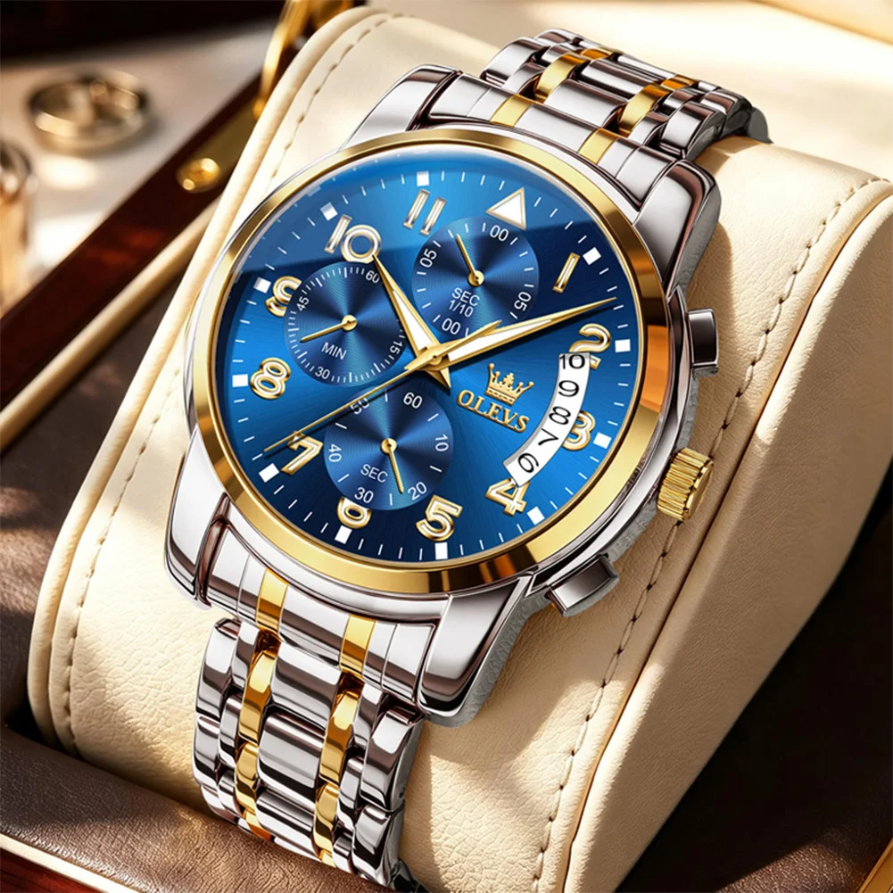 OLEVS Men Wristwatch Stainless Steel Band Chronograph Blue Large Number Dial Date Waterproof Luminous Quartz Watch