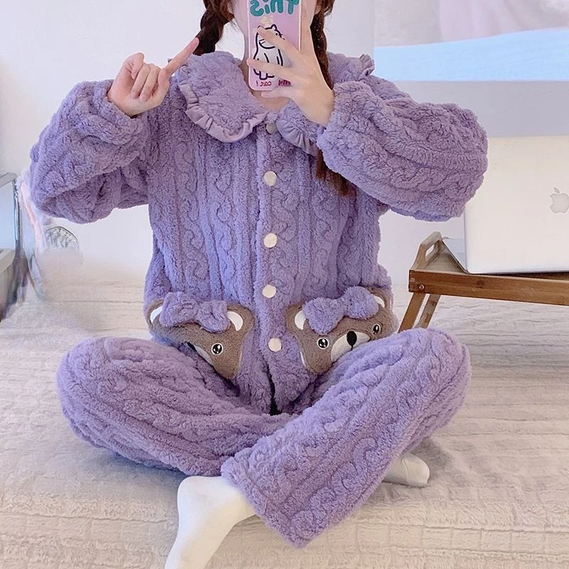 2024 New Coral Velvet Pajamas Women Autumn Winter Add Fleece Jacquard Sleepwear Plush Warm Loungewear Thicken Loose Homewear