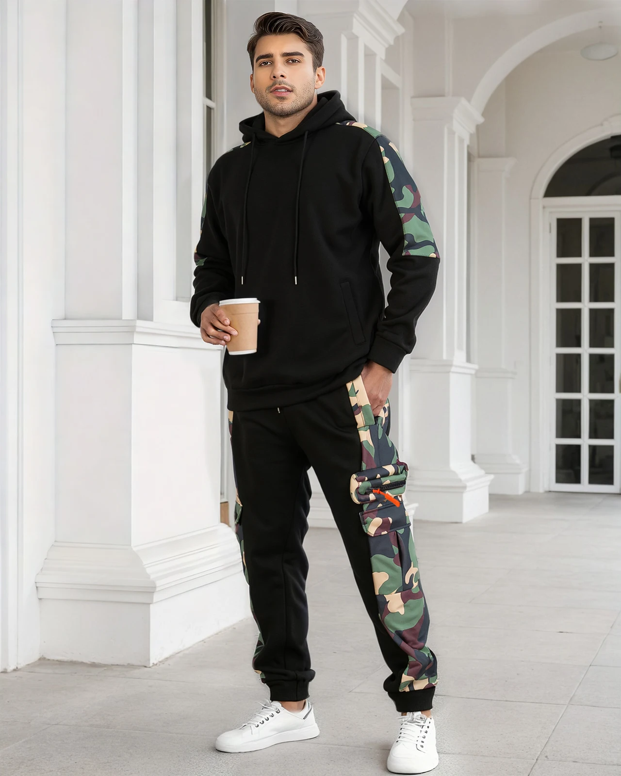 

Осень/зима 2022, новый камуфляжный комплект с капюшоном и длинными брюками в стиле пэчворк, повседневная спортивная флисовая толстовка на открытом воздухе, мужской комплект из двух предметов