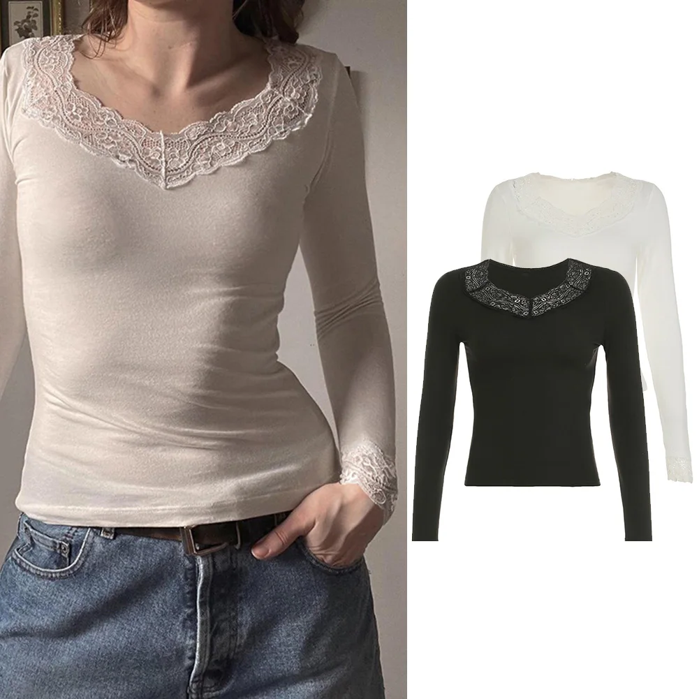 Abbigliamento a strati base Camicia casual da donna Top a maniche lunghe in pizzo nero Design elegante in pizzo Pezzo a strati versatile