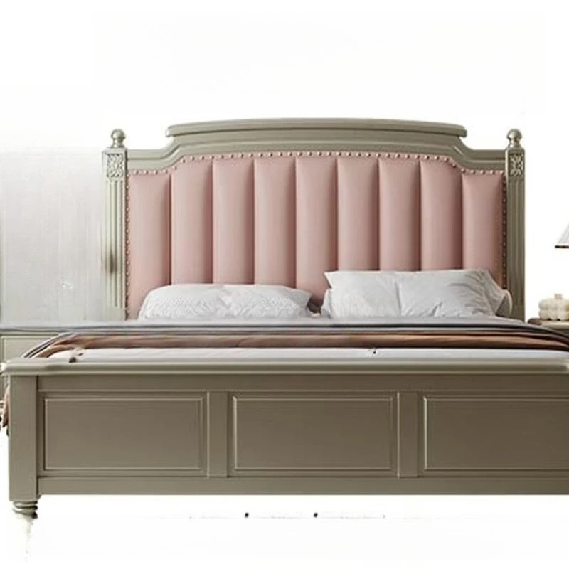 Meike silver family bedroom bed, all solid wood French leather soft bag bed
