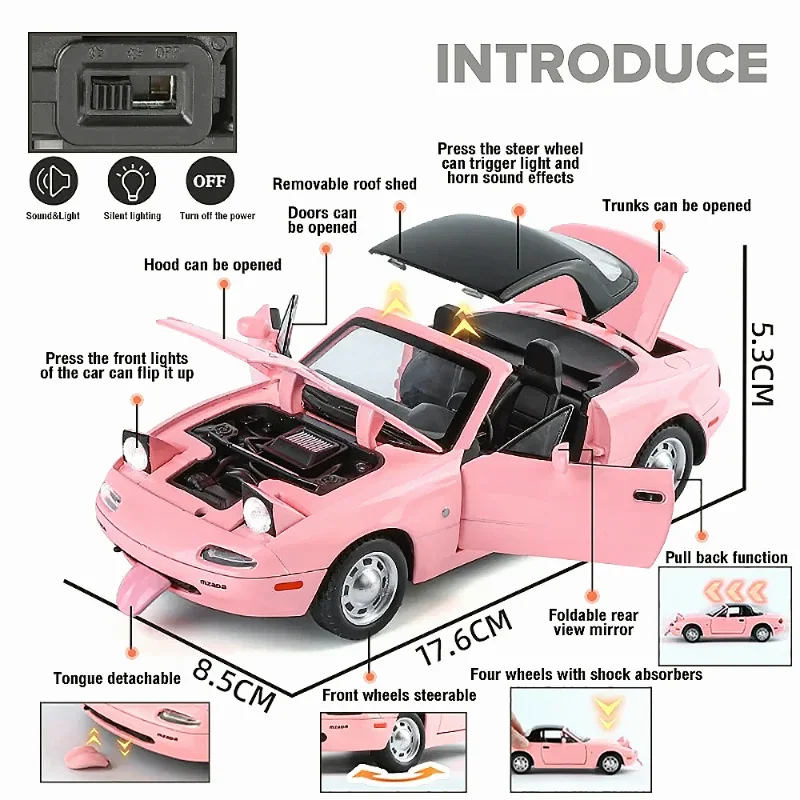 

1/24 Mazda MX-5 Model Car Toy Alloy Diecast 4 Doors Opened Shock Absorption Sound Light Pull Back Vehicle Collection Kids Gifts