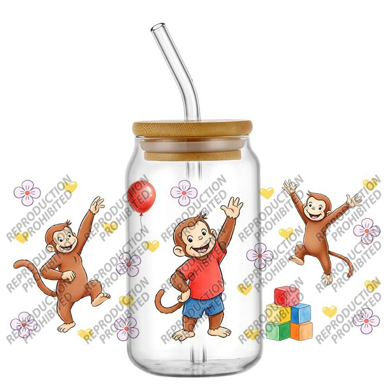 Cute Cartoon Monkey UV DTF Cup Wrap Bottle Glass DIY Self Adhesive Washable Transfer Stickers Durable Glass wall Decals sticker