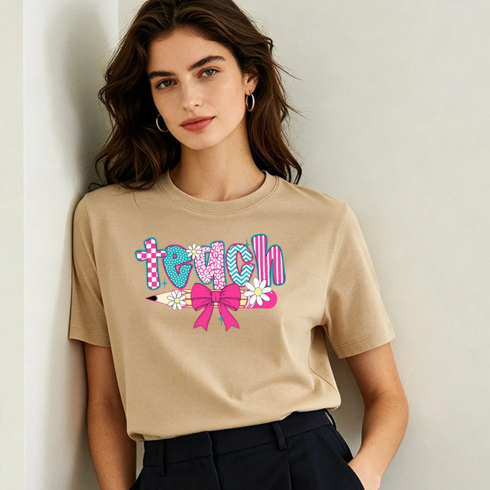 Teach Pattern Pencil Bow Daisy Checkered Bubble Letter Women Cotton T Shirt Teacher Cute Preppy Graphic Campus Casual Top