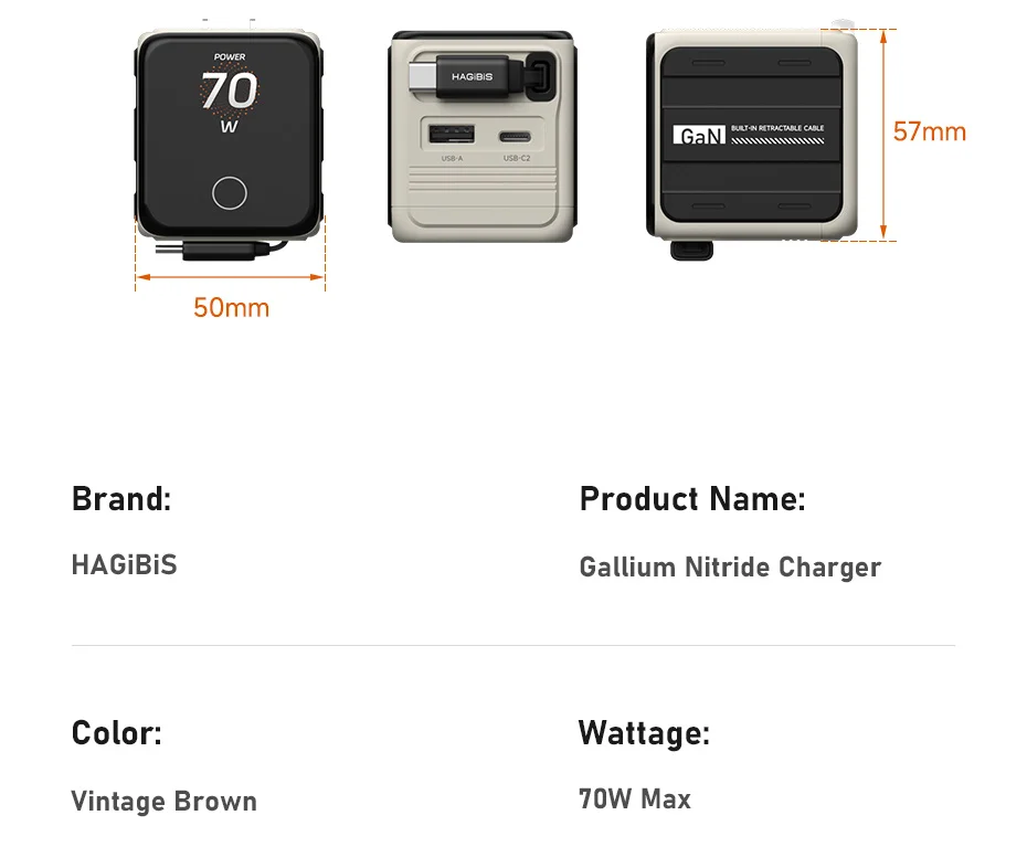 Hagibis 70W GaN USB-C Charger with Retractable Cable and Display