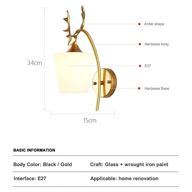 Lámpara de pared LED de estilo nórdico, luz decorativa moderna y creativa de cabeza de ciervo, arte de hierro de vidrio, E27, para dormitorio, sala de estar, luz interior para el hogar