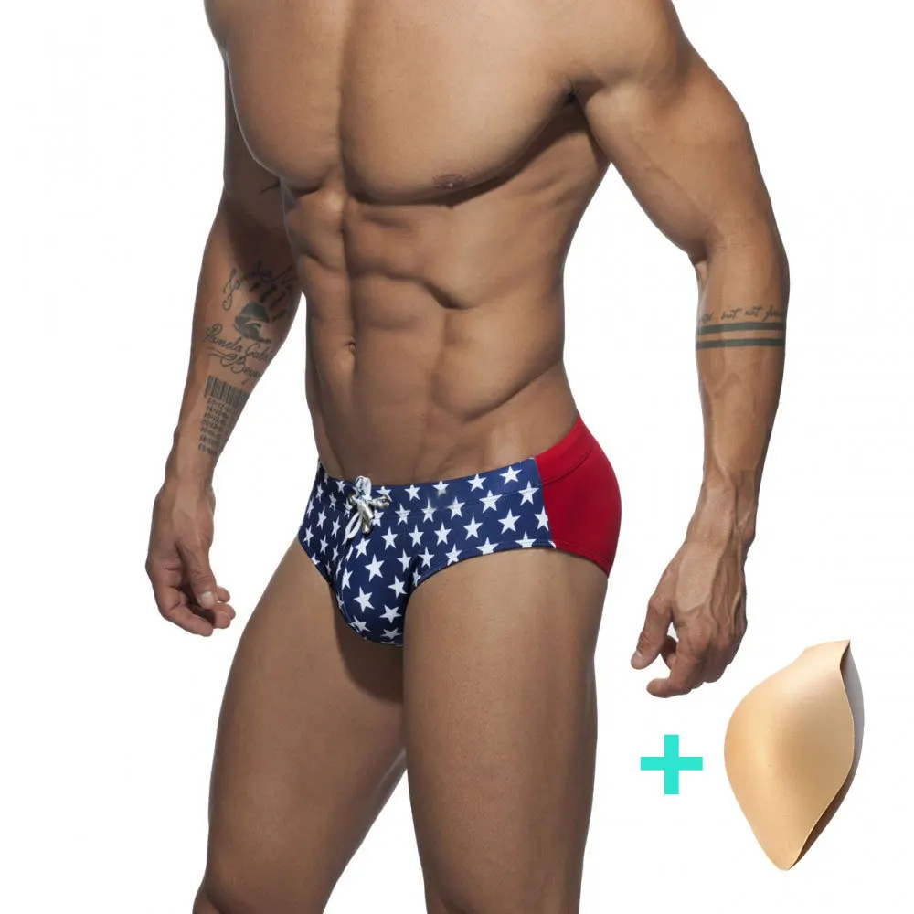 

New men's triangle swimming shorts trend color matching star print quick dry sexy stretch beach bikini men's swimsuit