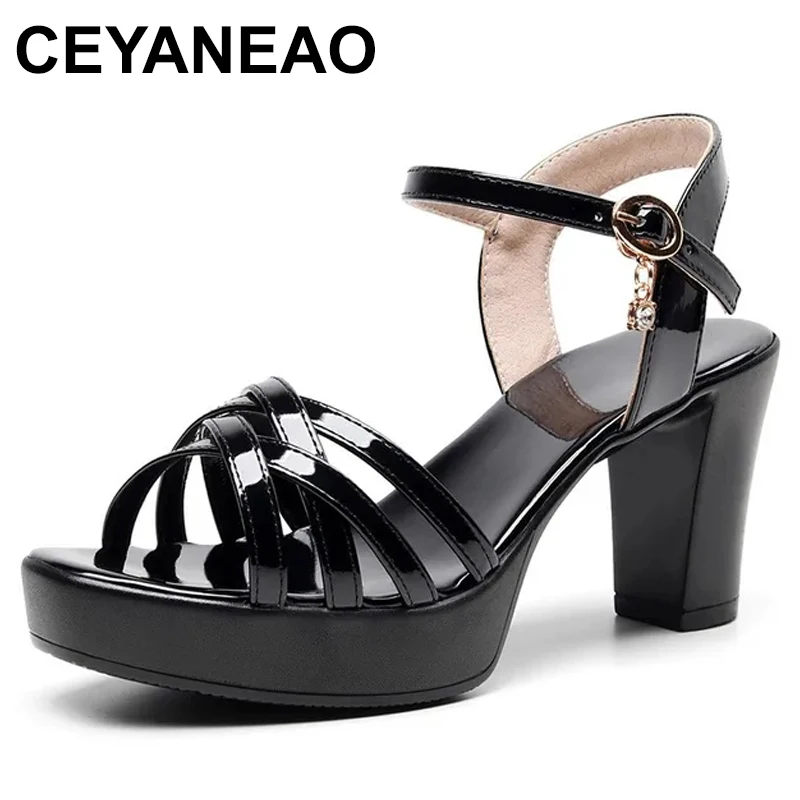 

Elegant Patent Leather Shoes Women's Platform Sandals Summer 2024 Block High Heels Sandals Office Model Mom