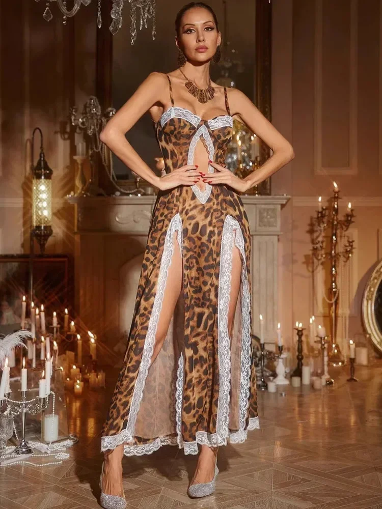 Robe longue maxi sexy pour femme, imprimé léopard, patchwork, épaules dénudées, fente, élégante, pour la plage et les soirées d'été