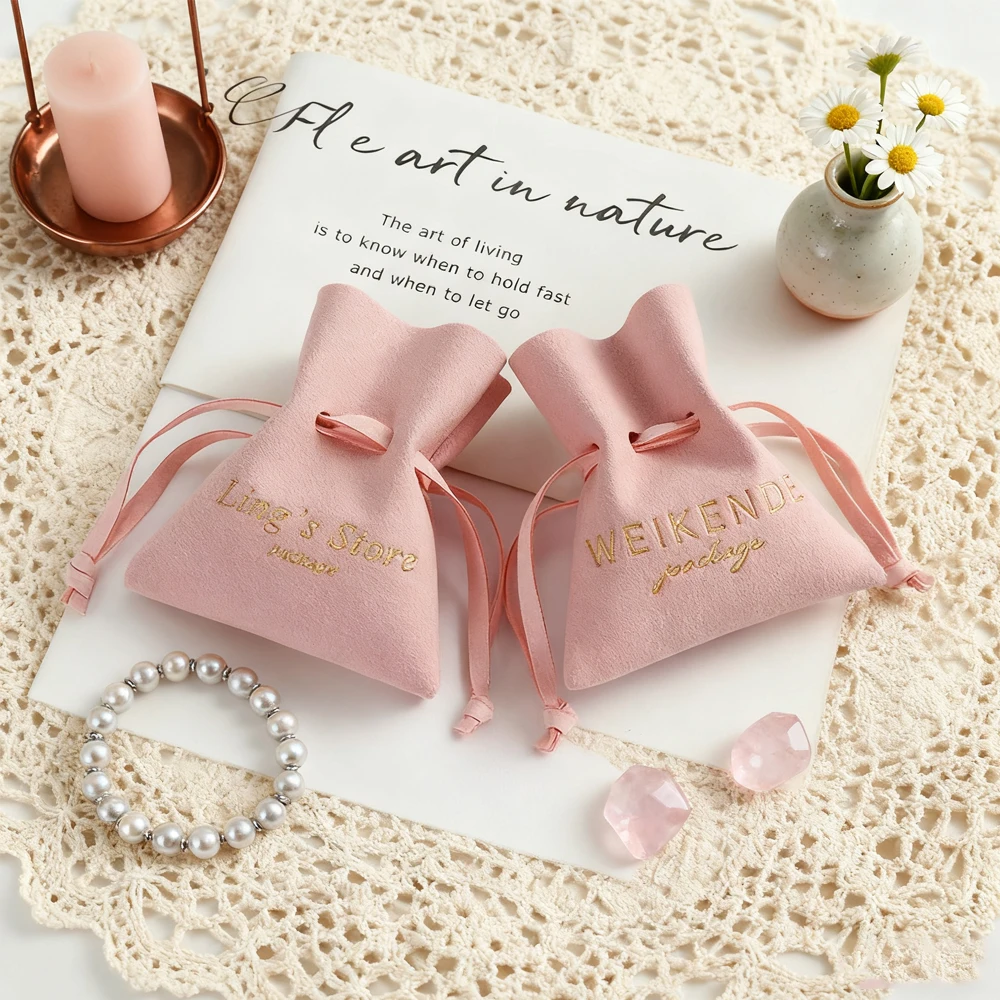 100 قطعة مخصصة الوردي مايكرو الجلد المدبوغ الحقائب شعار مخصص شنطة هدايا مجوهرات الحقيبة ستوكات المغلف أكياس تخزين قابلة للطي #2