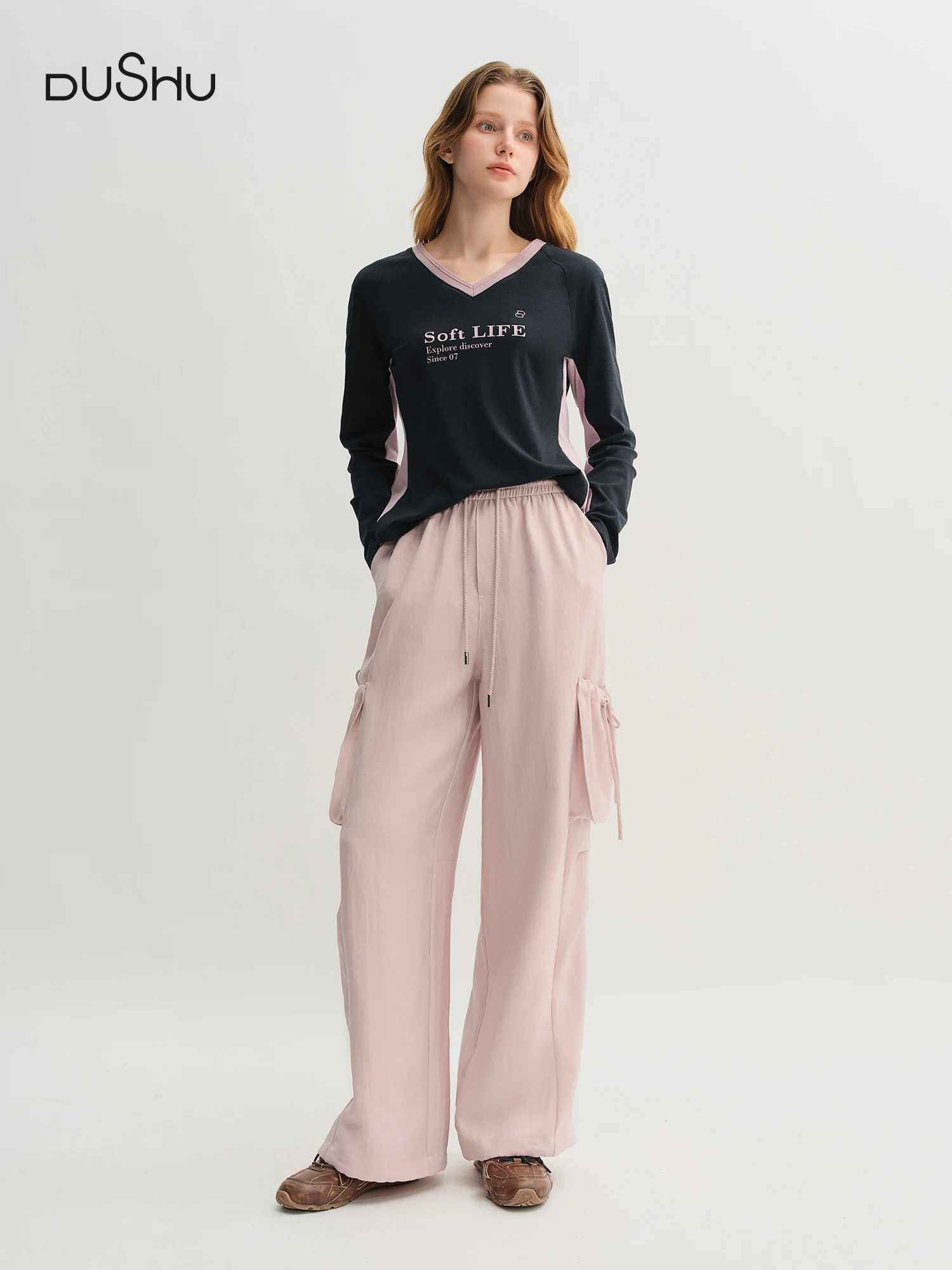 DUSHU Plus-Size High-Rise Pants and Tee Set 2025 Autumn New Versatile Collection Casual Pants and Tee 25DS83311+25DS83219