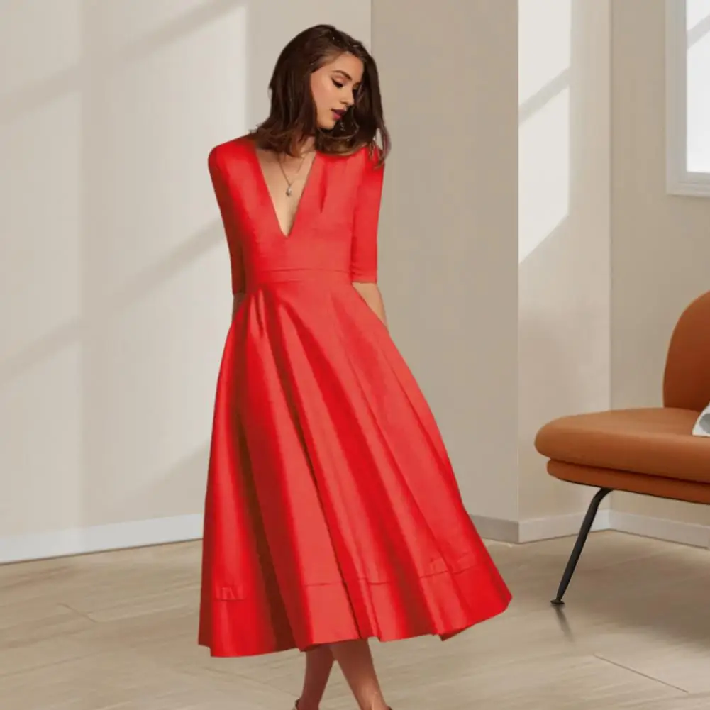 Women Midi Dress Fashion Vacation Party Dresses Half Sleeves Deep V Neck A-line Flowy Hem Dress Pure Color Banquet Evening Dress view 3