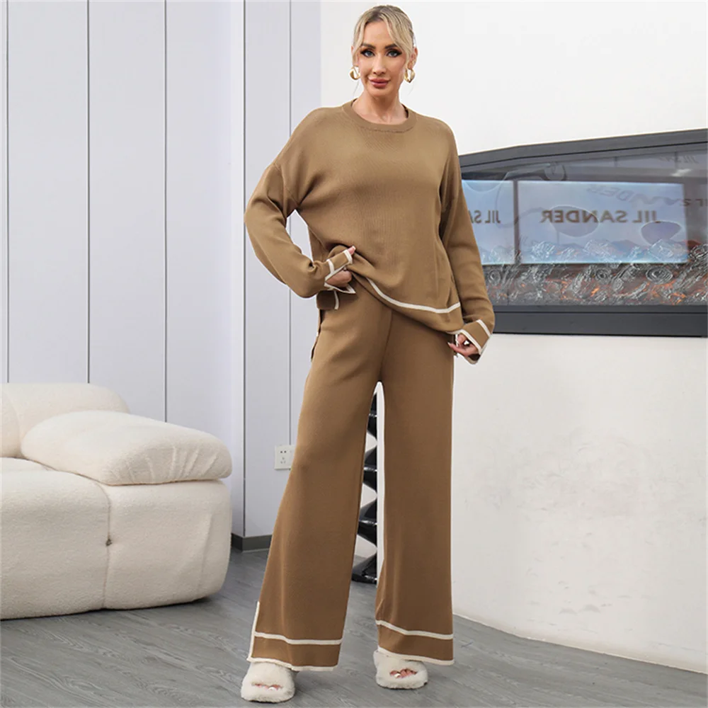 Women Suits O-Neck Long Sleeved Top Sweater Pullover Wide Leg Pants Set Elegant Autumn Casual Basic Side Stripe Knit Outfit Chic