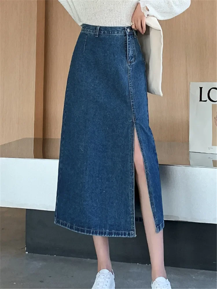 تنورات دينم بفتحة جانبية عالية الخصر للنساء ، تنورات رعاة البقر ، جينز أزرق عتيق للنساء ، جديد ، الربيع والصيف ، #2