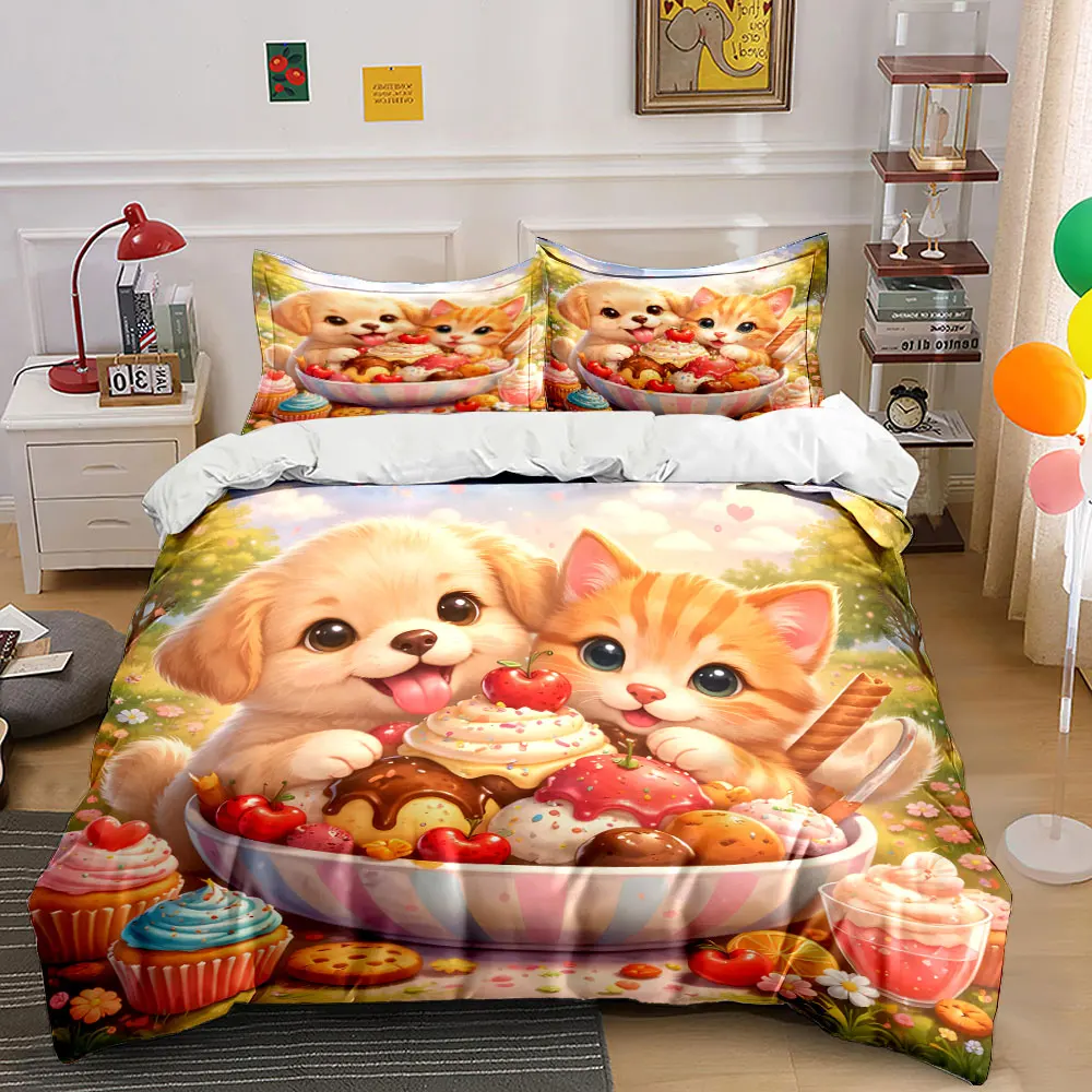 Cute Animals and Dessert Feast Printed Duvet Cover Set 1 Duvet Cover+2 Pillowcase Multi Size Bedroom Bedding Decor Luxury gifts